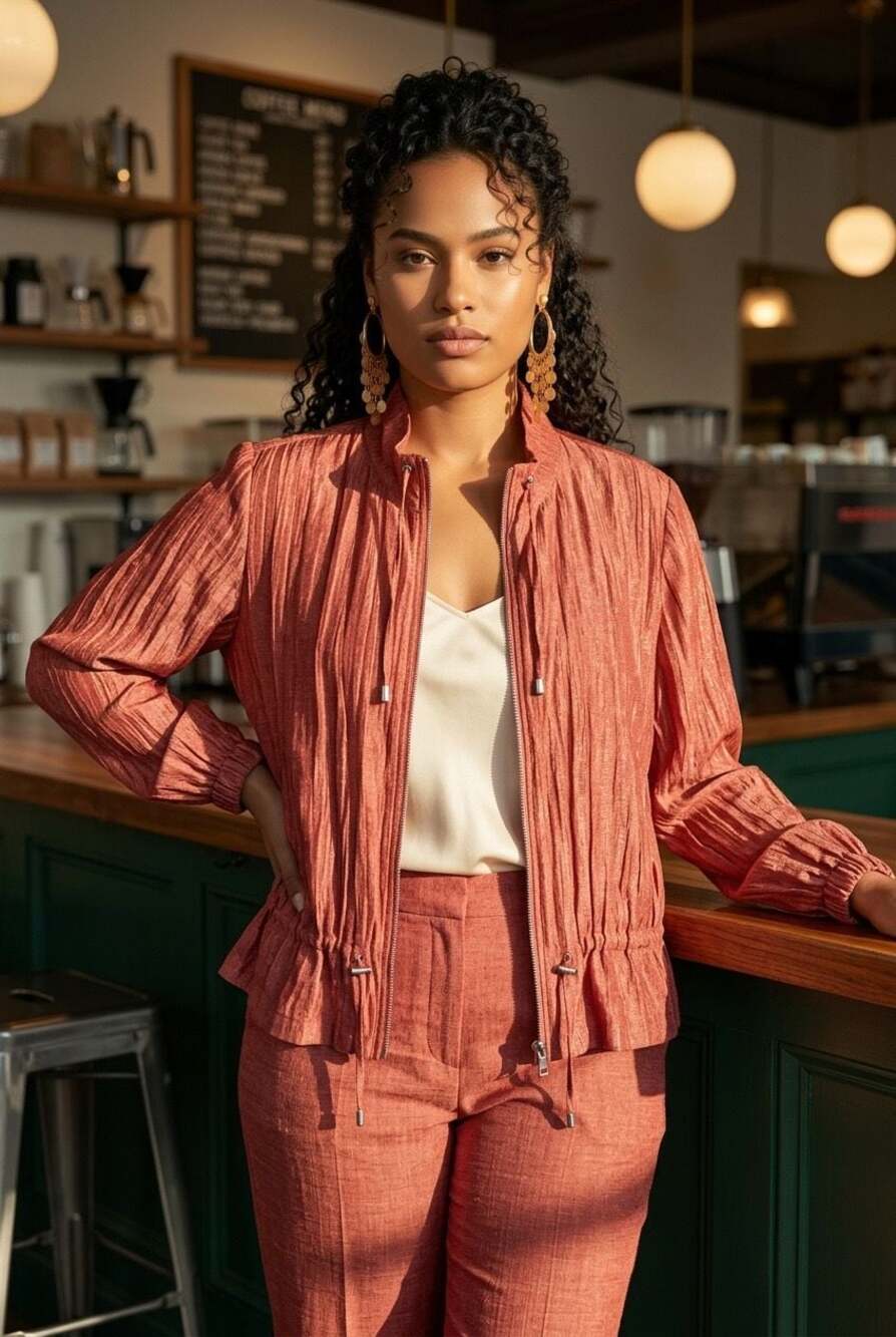 Ruby Rd. Rust Textured Linen Blend Zip-Up Jacket Size 16 - Picture 3 of 5